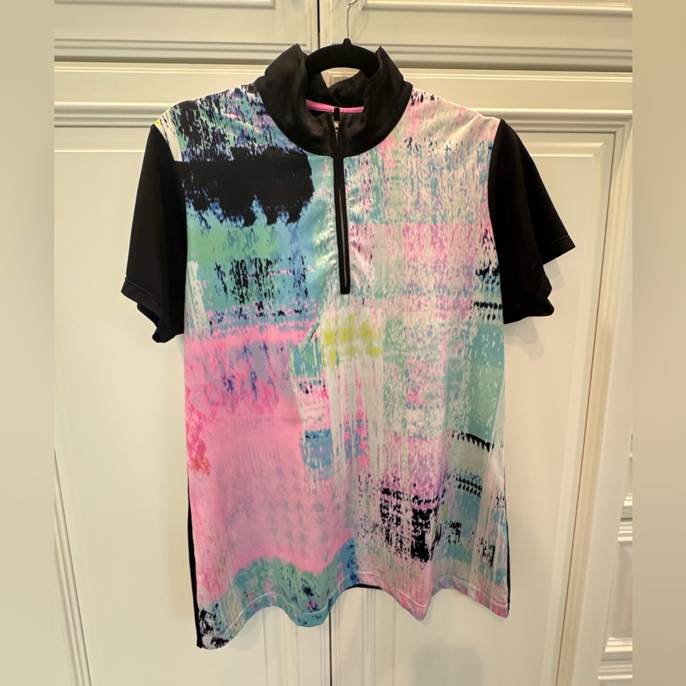 Ladies Short-Sleeve Quarter-Zip Active Top in Pastel Print